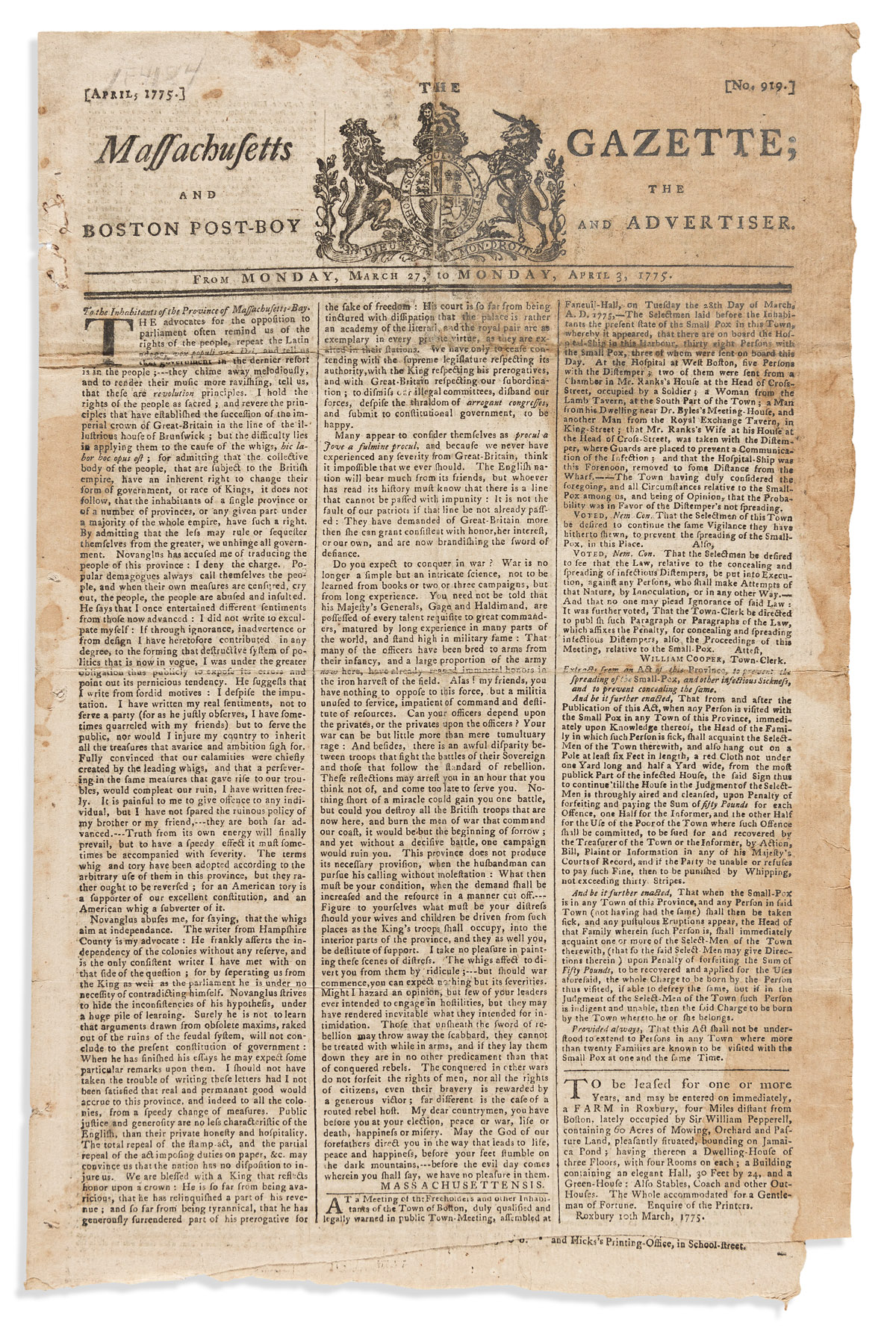 (AMERICAN REVOLUTION--1775.) Issue of the Massachusetts Gazette, two weeks before Lexington and Concord.